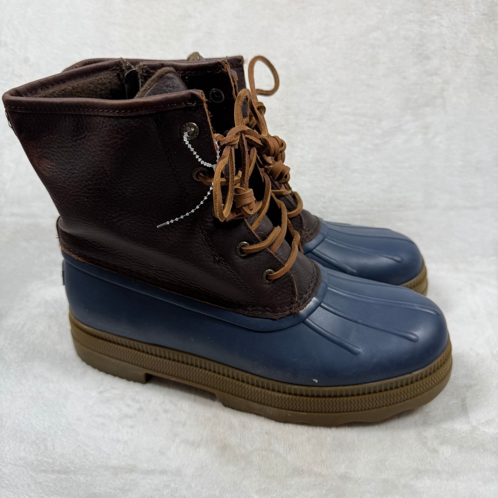 Sperry Saltwater Duck Boots Brown Navy Blue Leather Rubber STS89611 Mens 10